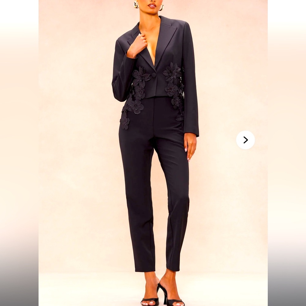 Floral Applique Pant Suit Set - Black